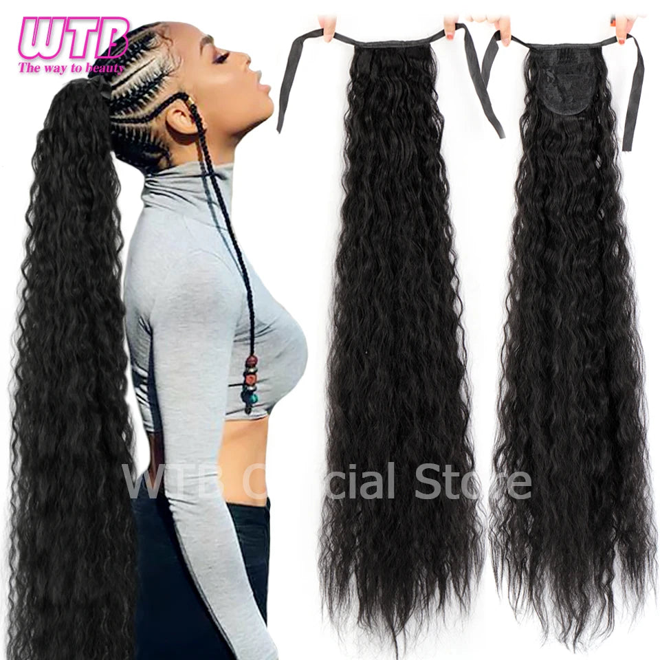 Synthetic Long Wavy Cornrow Ponytail with Drawstring and Ribbon