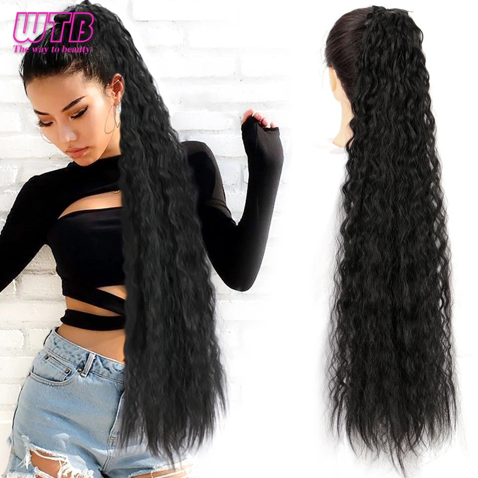 Side View of Long Wavy Cornrow Ponytail - Synthetic Drawstring Ribbon Extension