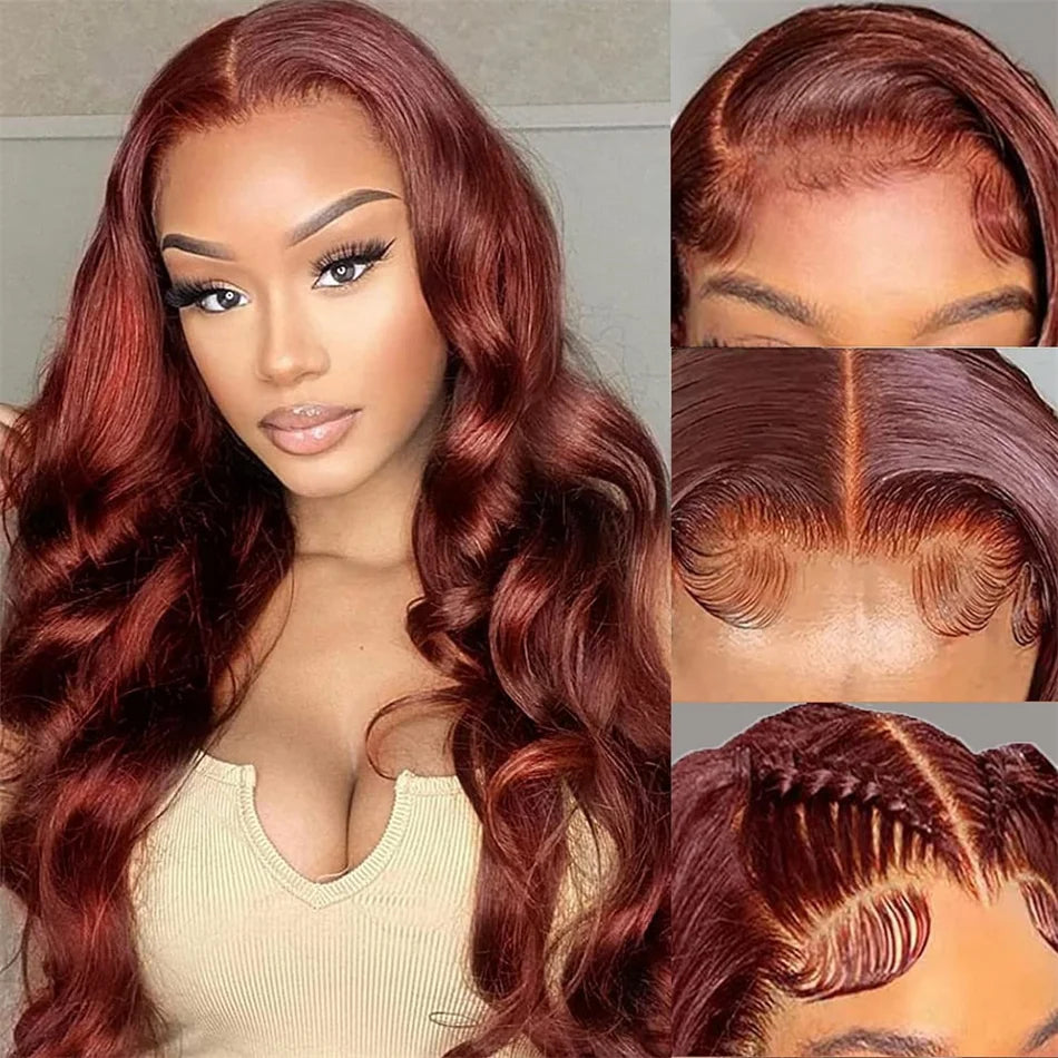 Natural reddish brown wig with HD lace and soft body wave texture