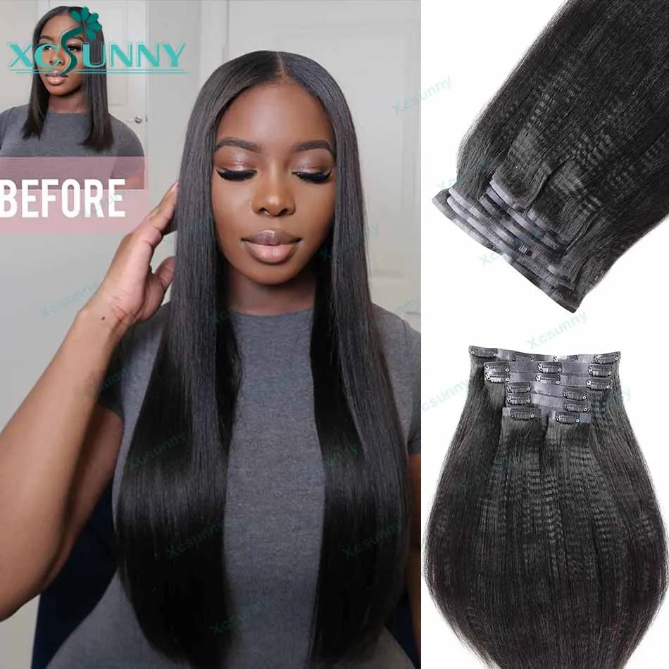 Model wearing Yaki Straight Seamless Clip-In Human Hair Extensions