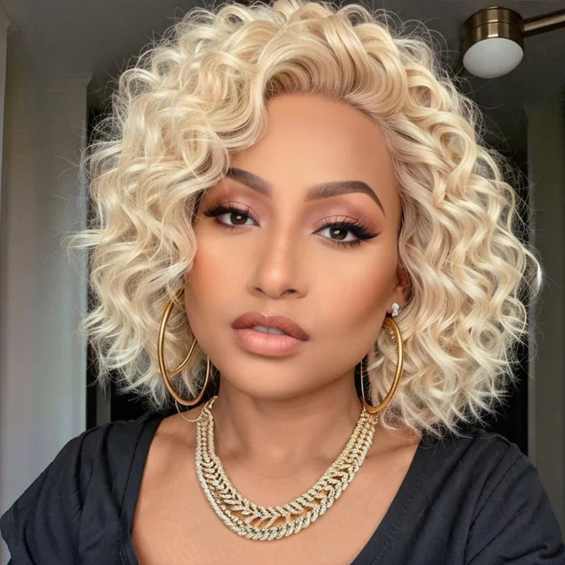 Short blonde wig with water wave texture and realistic lace front