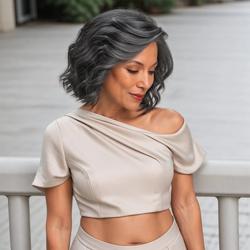 Side view of Heavenly salt and pepper short body wave wig