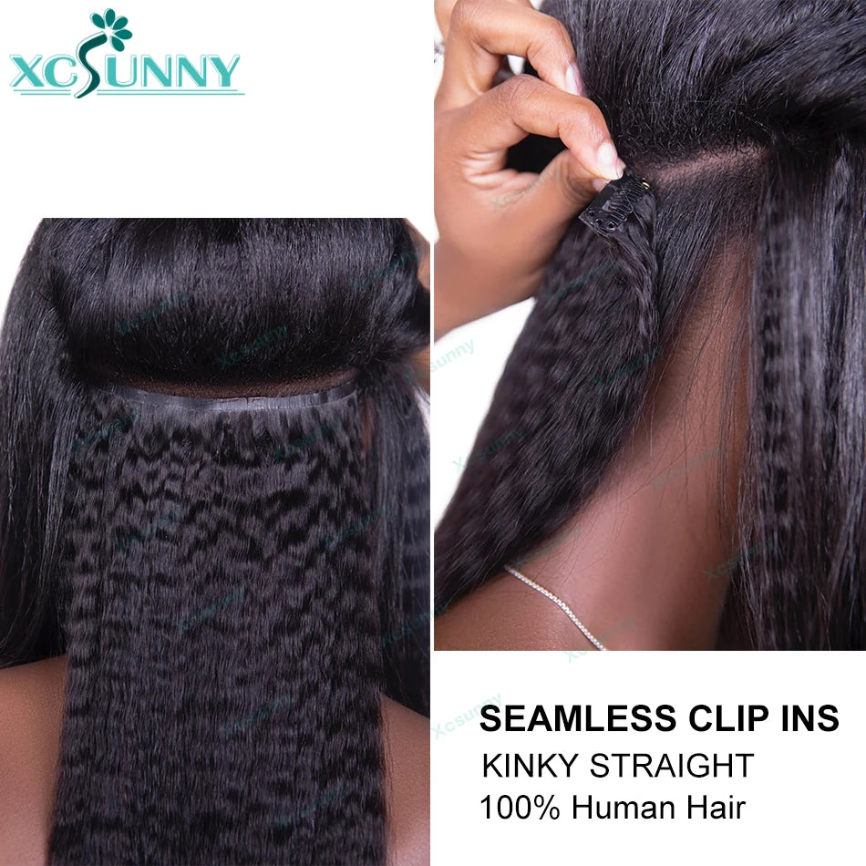 Seamless Clip-In Human Hair Extensions in Kinky Straight - Natural Look PU Clip-Ins by GlamourLocks, perfect for textured and voluminous hair styles