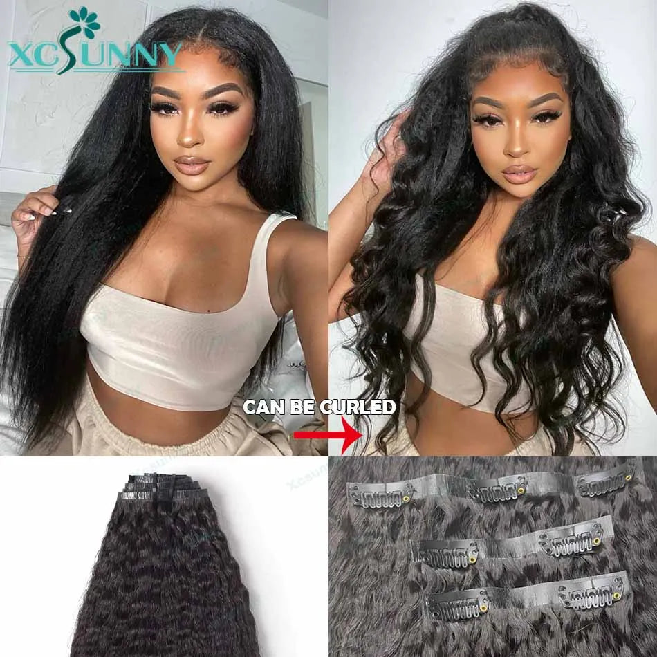 Seamless Clip-In Human Hair Extensions in Kinky Straight - Natural Look PU Clip-Ins by GlamourLocks, perfect for textured and voluminous hair styles