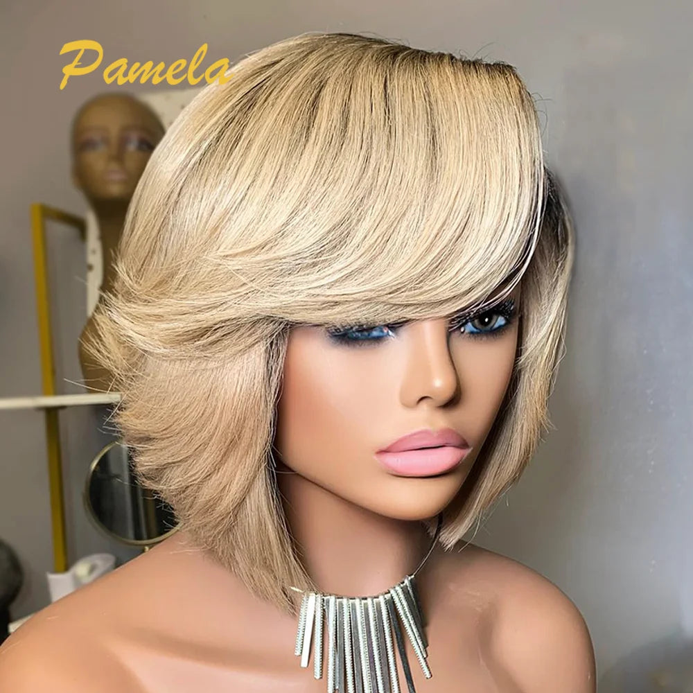 Blonde Pixie Cut Short Bob Glueless Lace Front Wig - Human Hair”