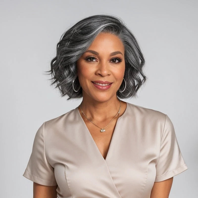 Heavenly soft salt and pepper short body wave 5x5 lace front human hair wig