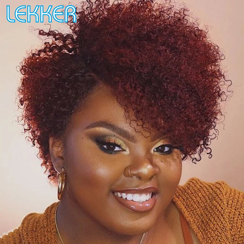 Burgundy Red Afro Kinky Curly Pixie Cut Bob Wig - Human Hair