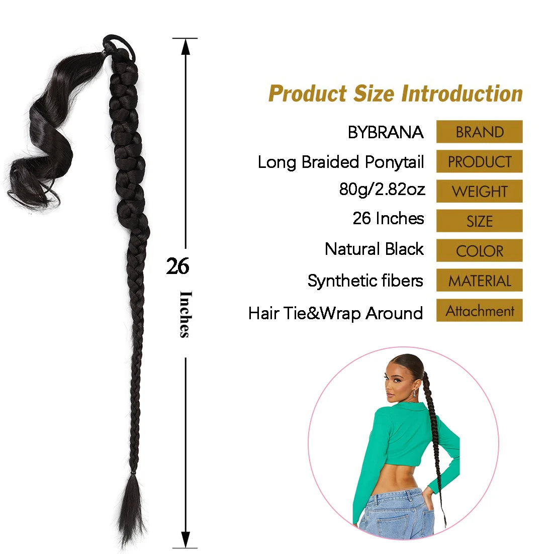 Natural black 26-inch long braided ponytail extension with rubber band