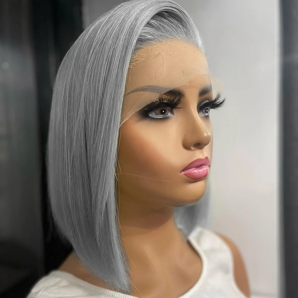 Gloria's Grace silver-grey bob wig styled for natural look”