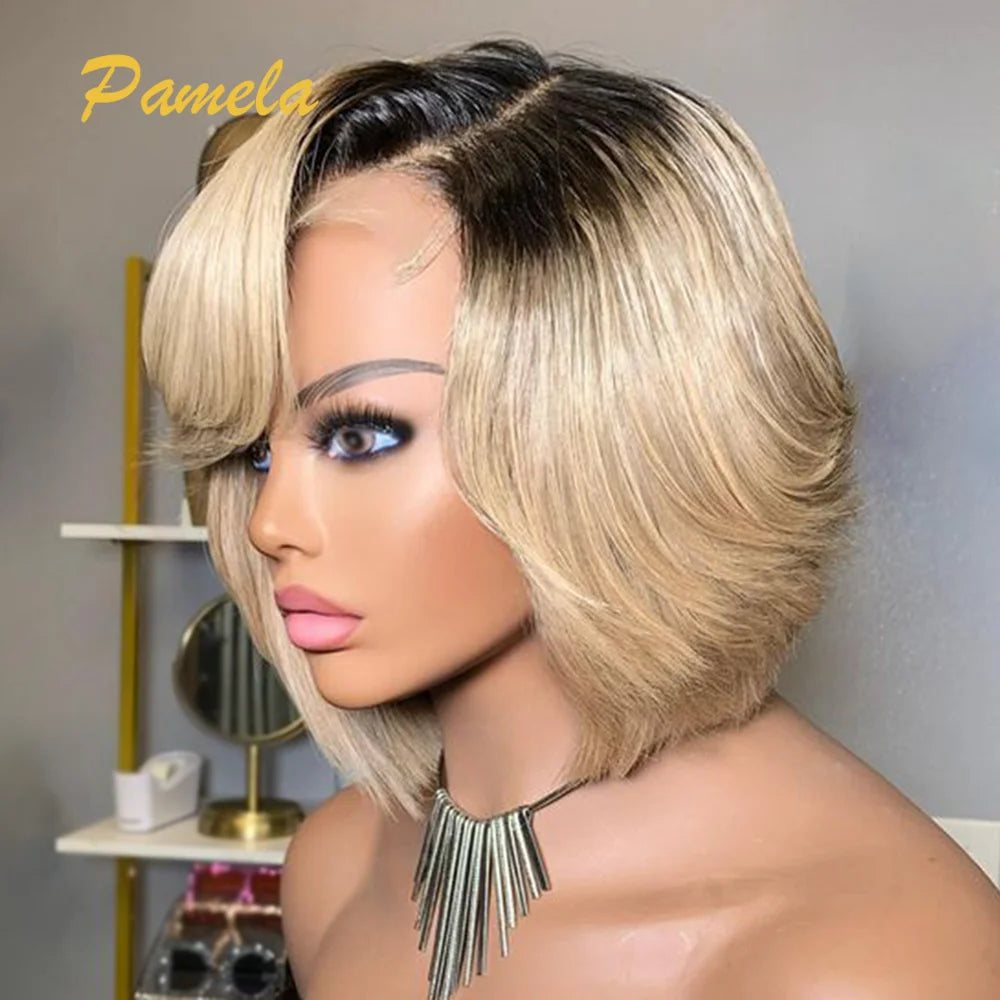 Side view of Ombre Blonde Pixie Cut Bob Wig with Dark Roots