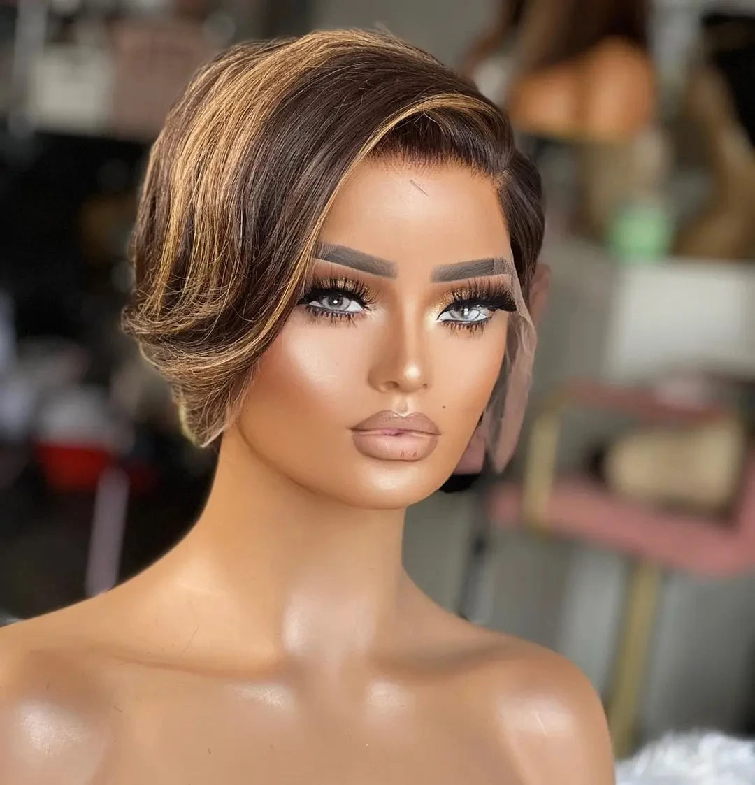 Gloria's Glam short bob pixie cut straight human hair T-part wig