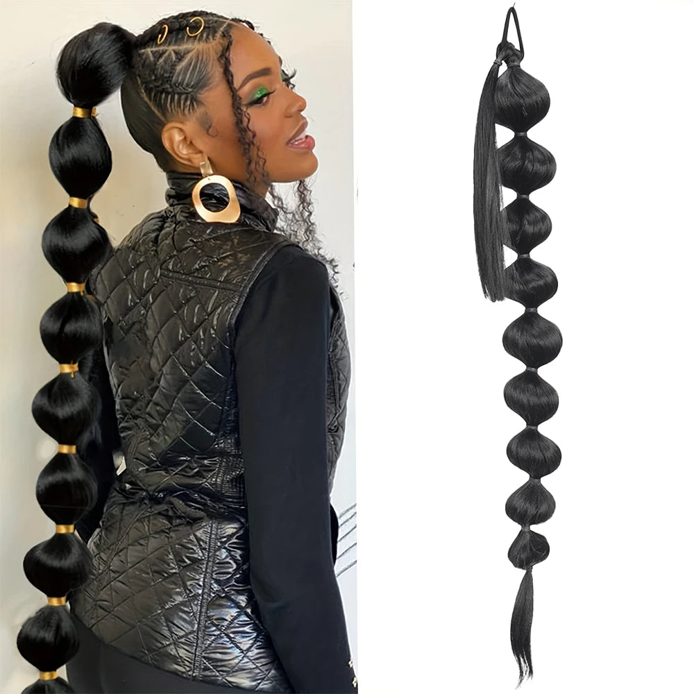 Long black bubble ponytail extension with Afro puff style