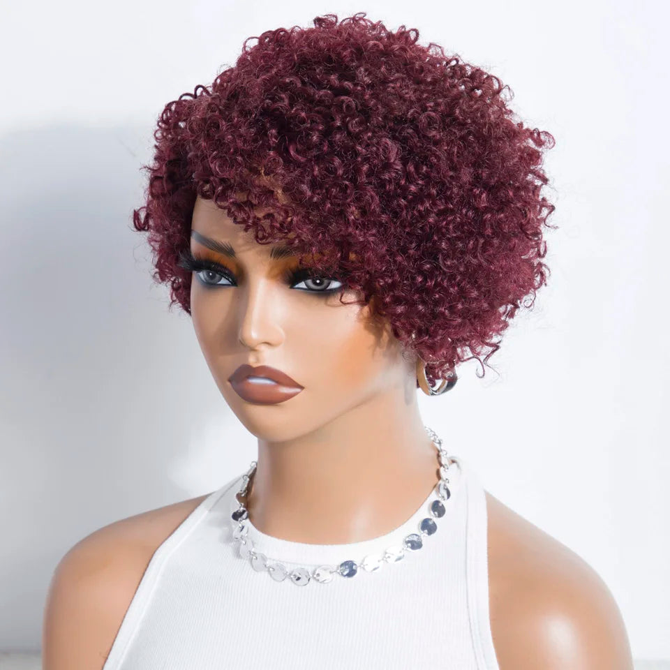 Short Pixie Cut Afro Kinky Curly Bob in Burgundy Red - Human Hair Wig