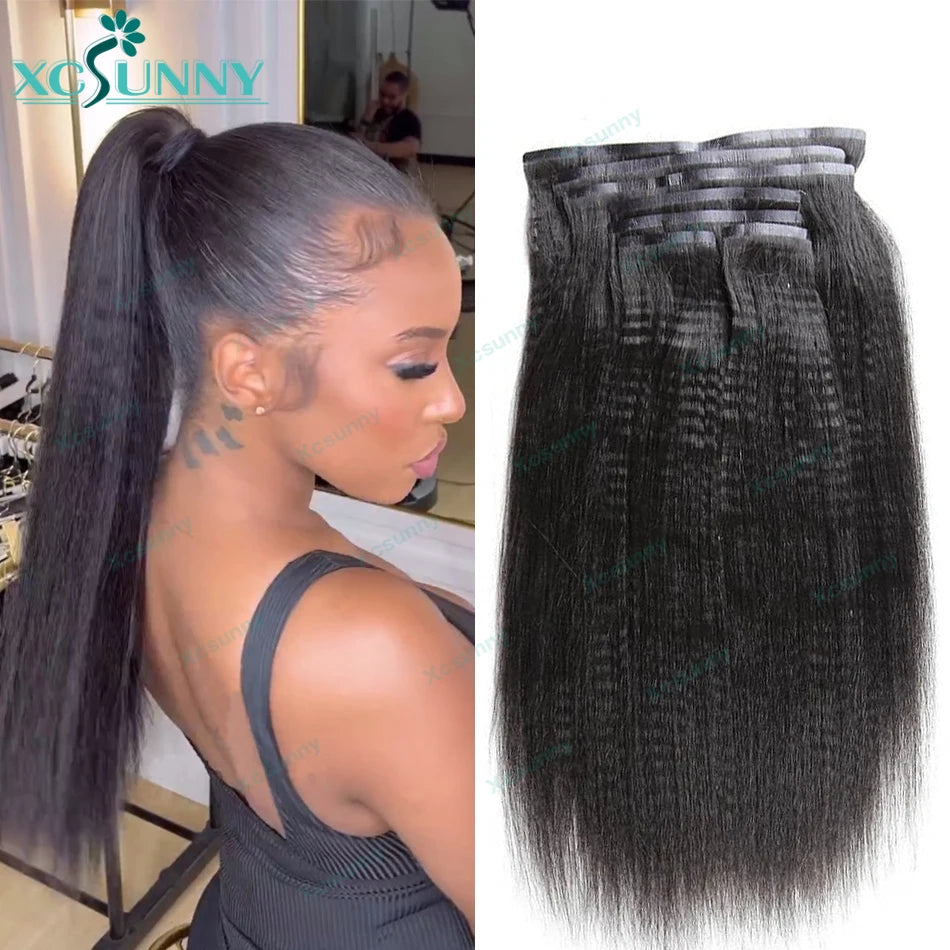 Model wearing Yaki Straight Seamless Clip-In Human Hair Extensions