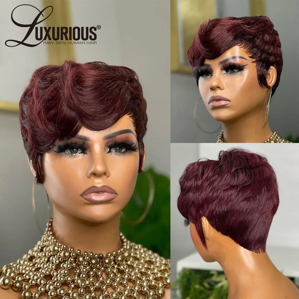 Stylish pixie cut wig with ombre brown and burgundy highlights