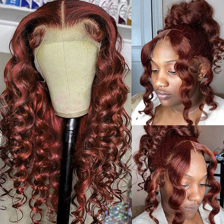 32-34 inch reddish brown loose wave frontal wig with HD lace frontal