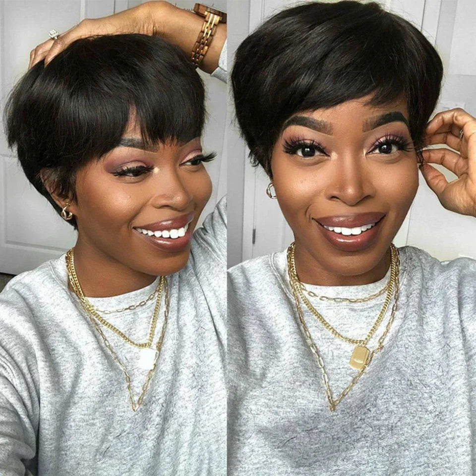 pixie cut human hair wig with bangs, short straight bob style