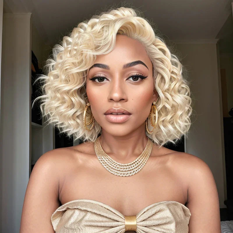 Short blonde wig with water wave texture and realistic lace front