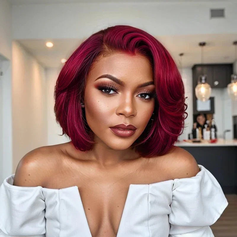 GlamourLocks water wave wig with rich burgundy color and glueless wear