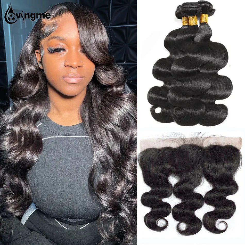 Brazilian body wave human hair bundles with 13x4 lace frontal