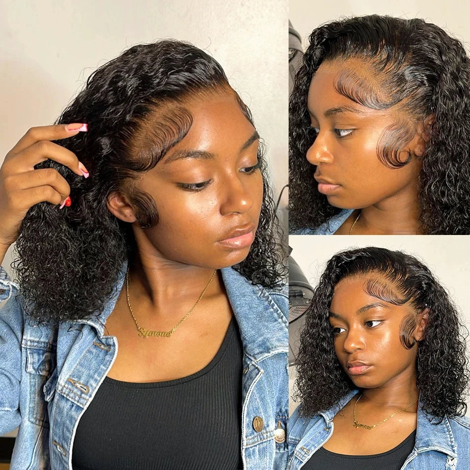 Side View of 200% Density Curly Bob Lace Front Wig - Brazilian Hair