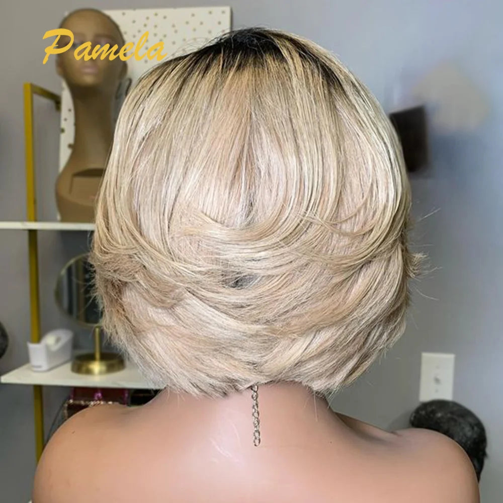 Back view of Ombre Blonde Pixie Cut Short Bob Wig - GlamourLocks