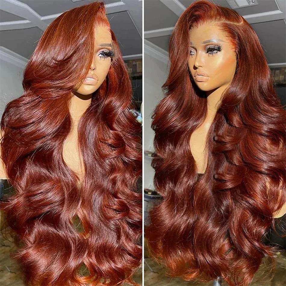 Natural reddish brown wig with HD lace and soft body wave texture