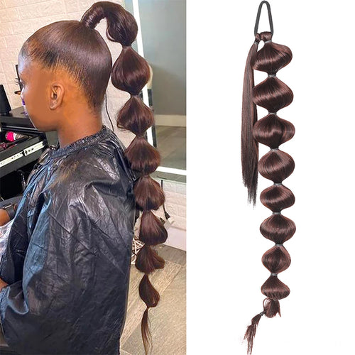 Long black bubble ponytail extension with Afro puff style