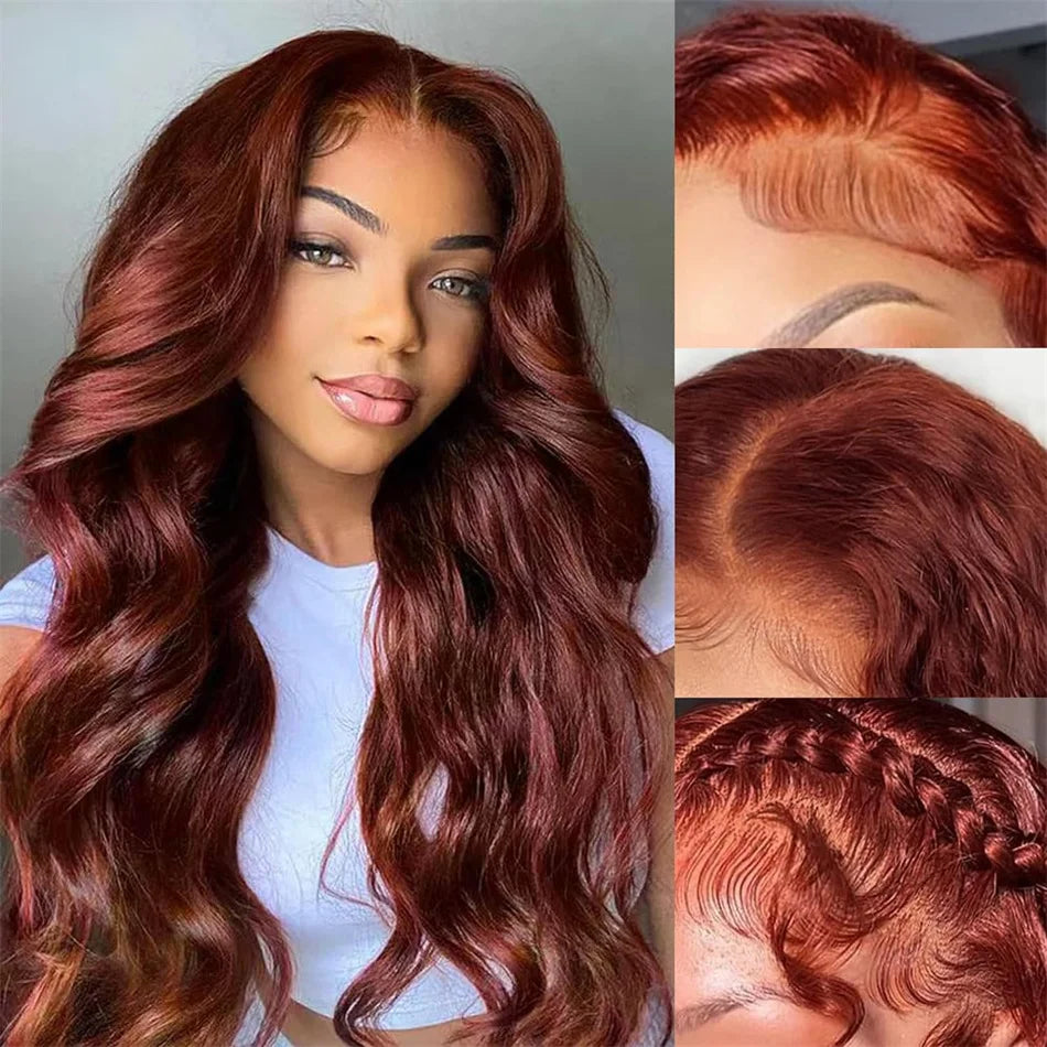 Natural reddish brown wig with HD lace and soft body wave texture