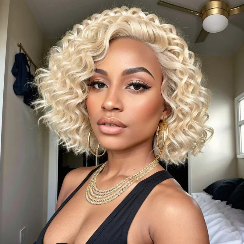 Short blonde wig with water wave texture and realistic lace front