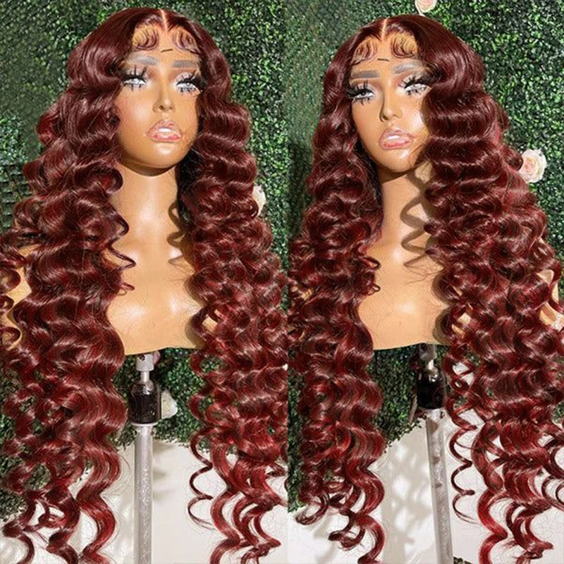 32-34 inch reddish brown loose wave frontal wig with HD lace frontal