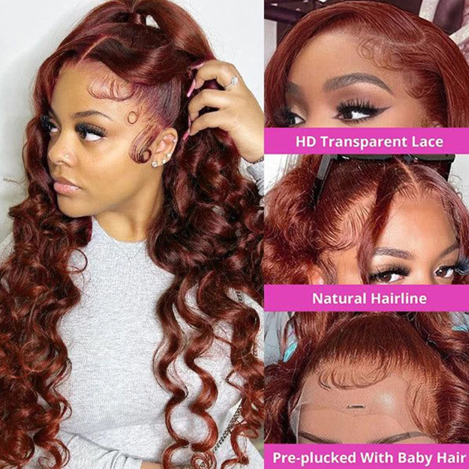 32-34 inch reddish brown loose wave frontal wig with HD lace frontal