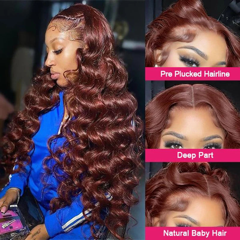 32-34 inch reddish brown loose wave frontal wig with HD lace frontal