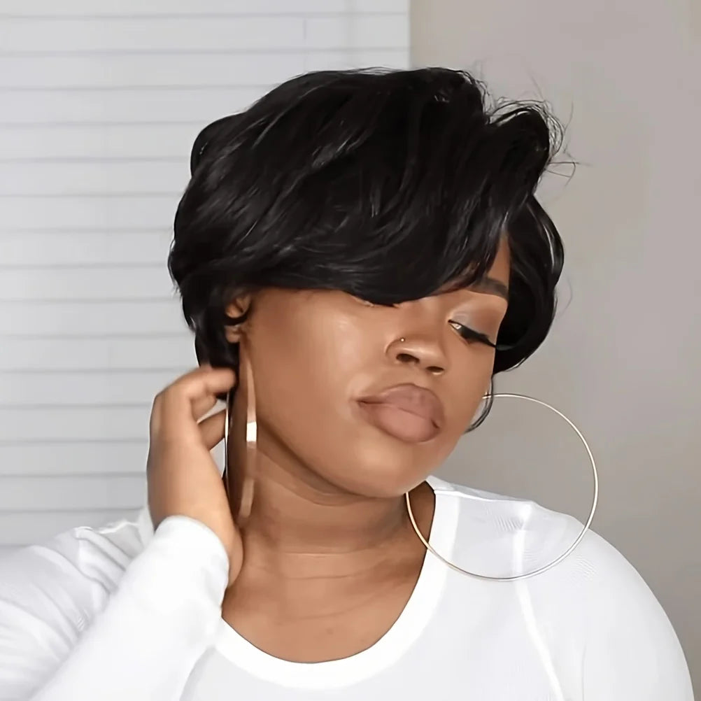 Side View of Straight Pixie Cut Wig with Transparent Lace Frontal