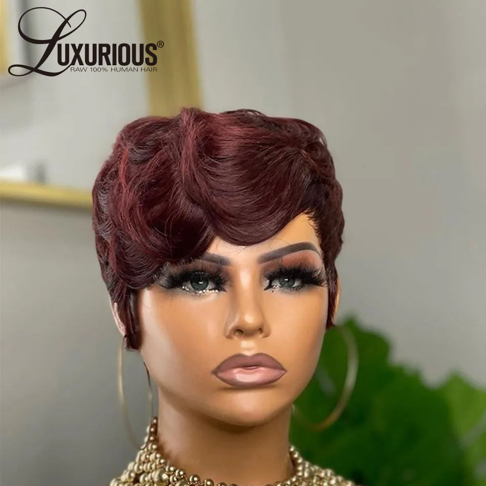 Stylish pixie cut wig with ombre brown and burgundy highlights