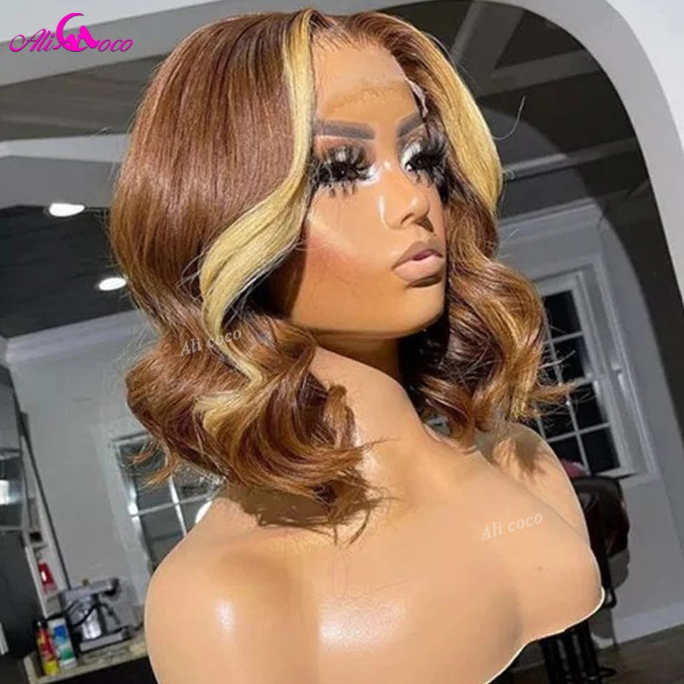 Lehlani's Golden Locks brown and blonde 13x4 short bob body wave lace frontal wig