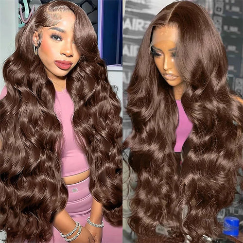 Natural reddish brown wig with HD lace and soft body wave texture