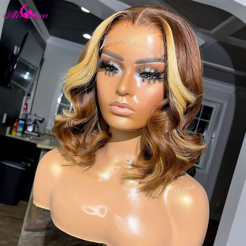 Lehlani's Golden Locks brown and blonde 13x4 short bob body wave lace frontal wig