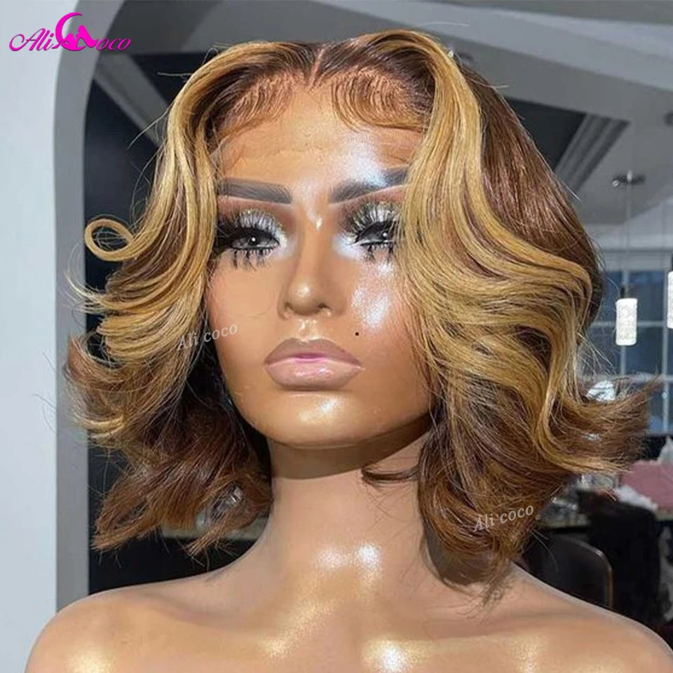 Lehlani's Golden Locks brown and blonde 13x4 short bob body wave lace frontal wig