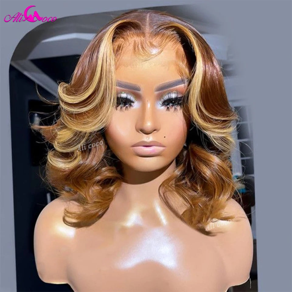 Lehlani's Golden Locks brown and blonde 13x4 short bob body wave lace frontal wig