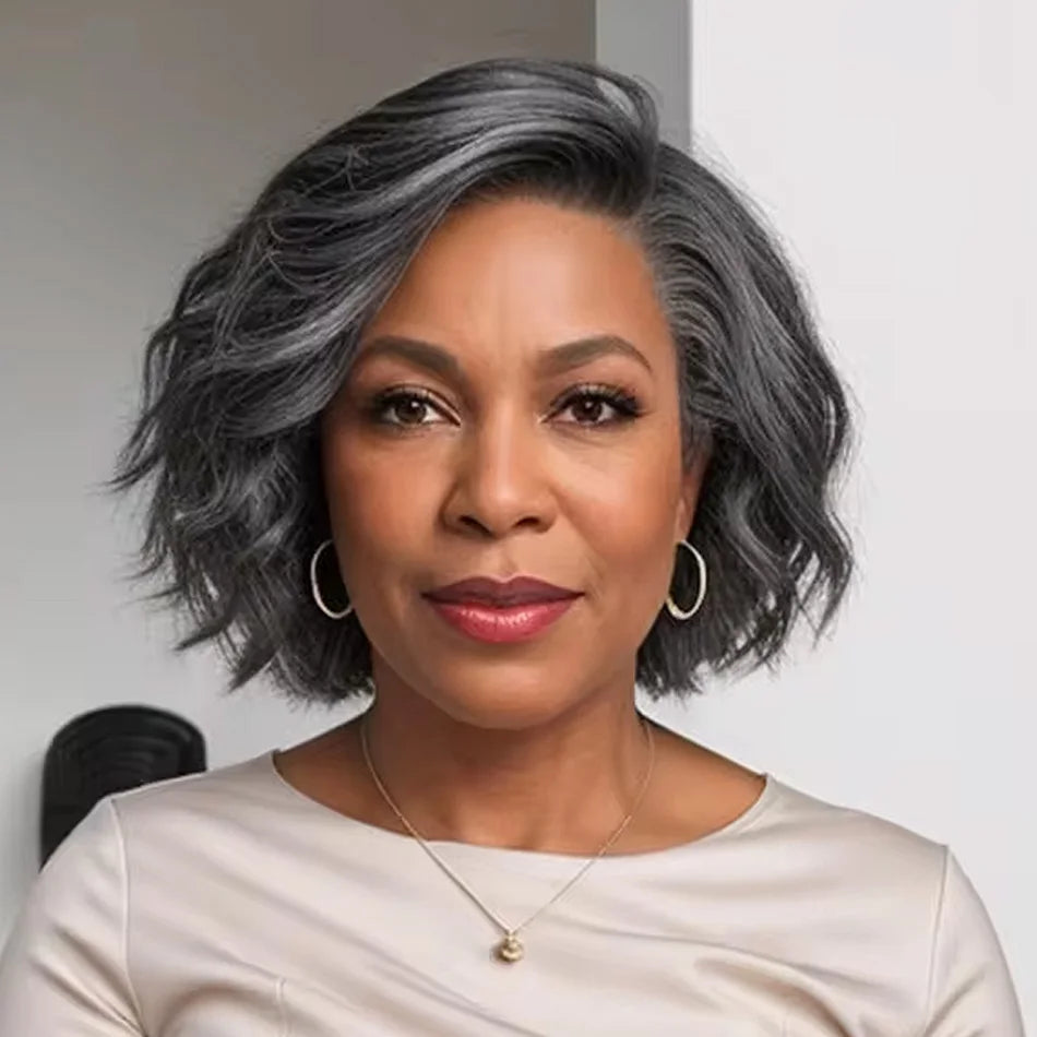 Heavenly soft salt and pepper short body wave 5x5 lace front human hair wig