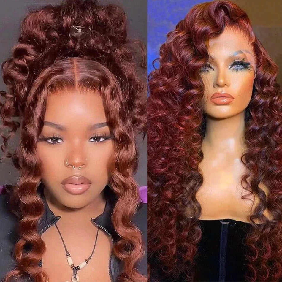 32-34 inch reddish brown loose wave frontal wig with HD lace frontal