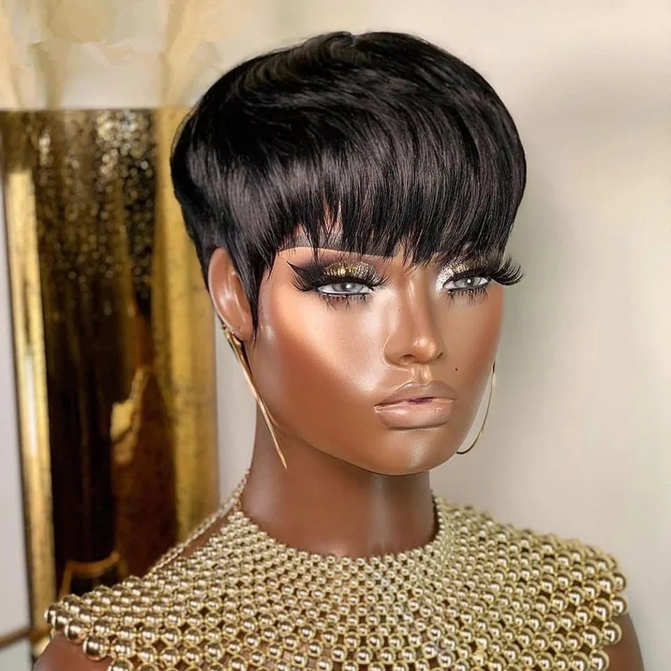 pixie cut human hair wig with bangs, short straight bob style