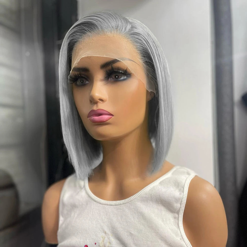 Gloria's Grace silver-grey bob wig styled for natural look”