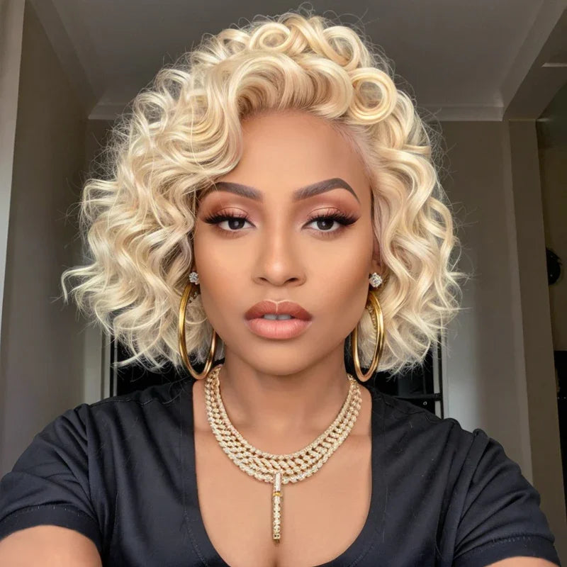 short water wavy blonde HD lace frontal human hair wig