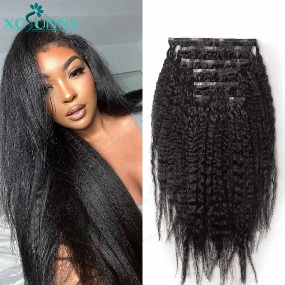 Seamless Clip-In Human Hair Extensions in Kinky Straight - Natural Look PU Clip-Ins by GlamourLocks, perfect for textured and voluminous hair styles