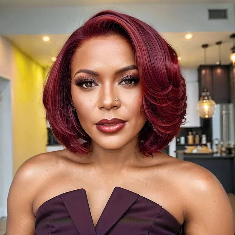 GlamourLocks water wave wig with rich burgundy color and glueless wear