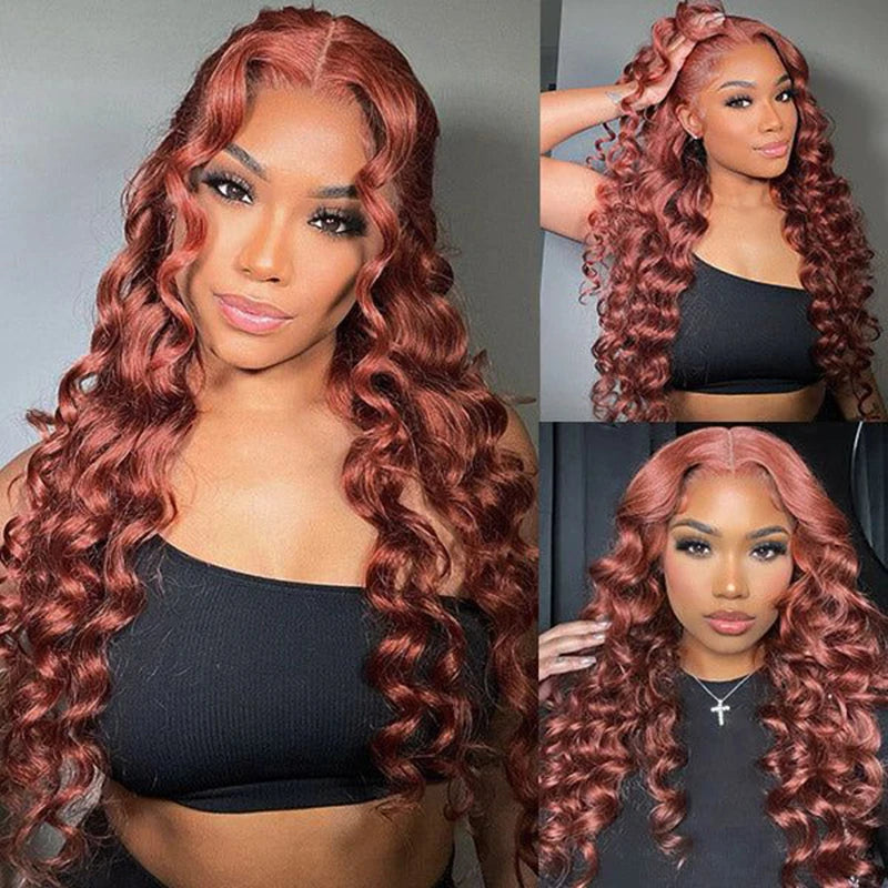 32-34 inch reddish brown loose wave frontal wig with HD lace frontal