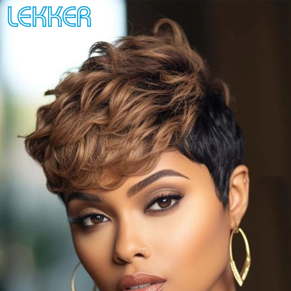 Foxy Lady highlight gold brown short pixie cut human hair wig