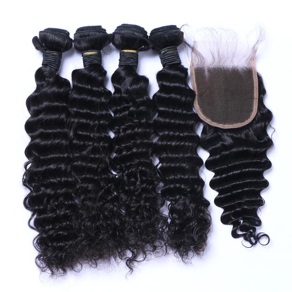 Brazilian Deep Wave Curly Hair 3 Bundles with Closure - Human Hair Extensions